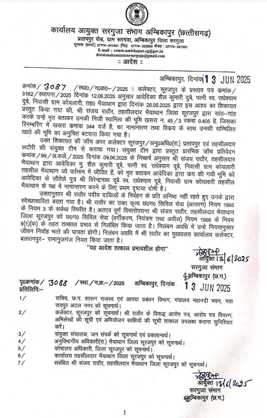 तहसीलदार संजय राठौर निलंबित: जिंदा महिला को मृत दिखाकर कराया भूमि का फर्जी नामांतरण