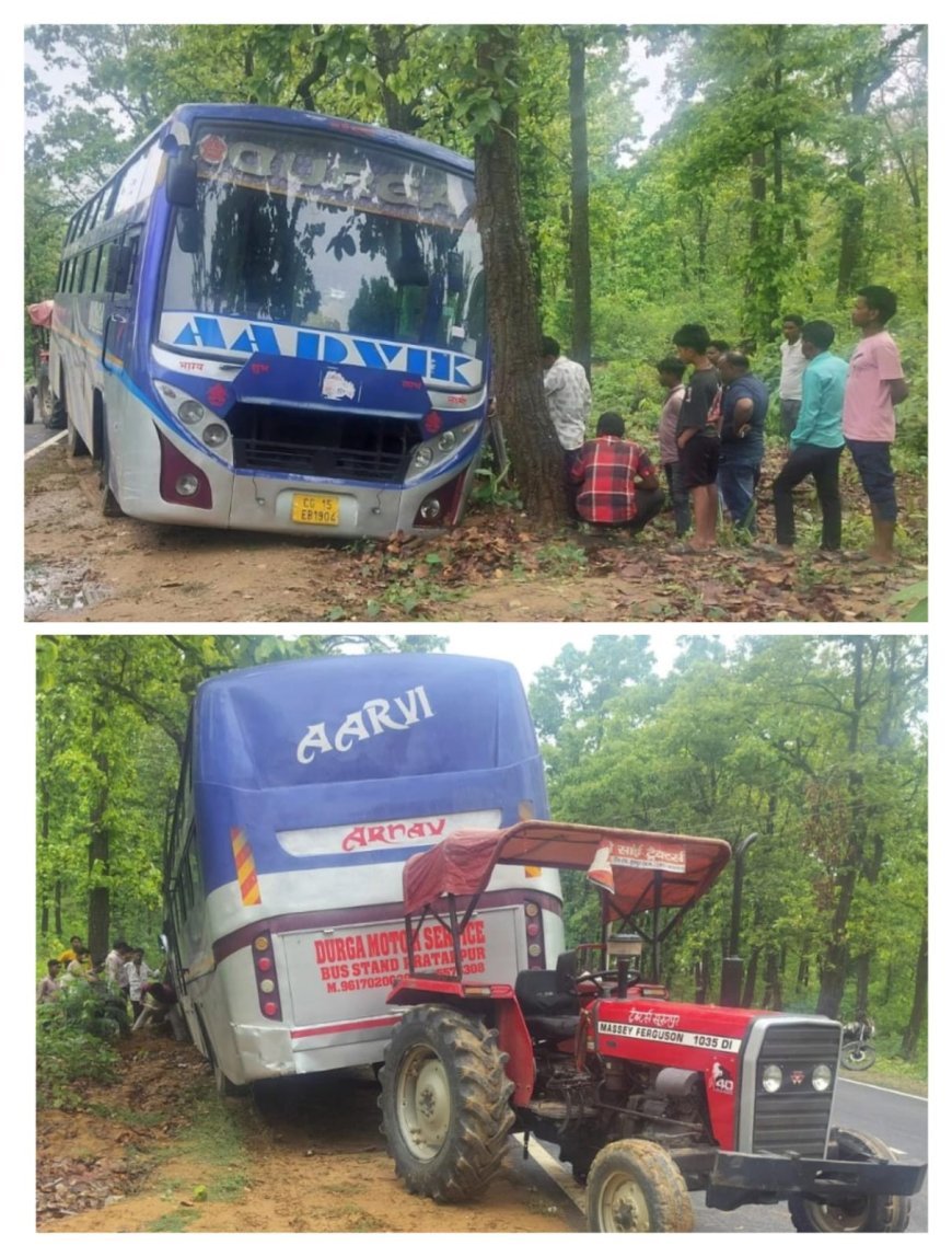 करंजवार जंगल में दुर्घटना: अनियंत्रित दुर्गा बस नाली में फंसी, ट्रैक्टर से निकालने की कोशिश