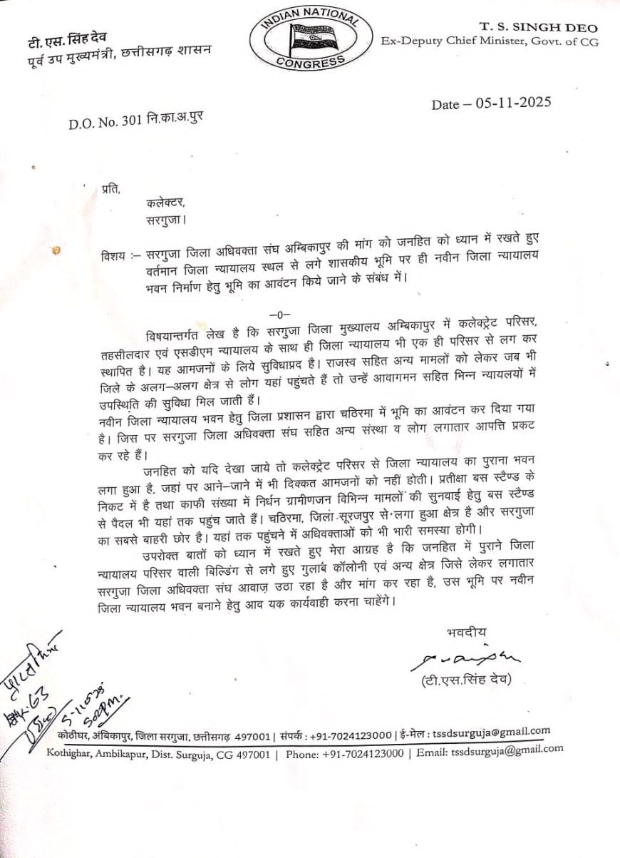 नए न्यायालय भवन पर विवाद,पूर्व उपमुख्यमंत्री टी.एस.सिंहदेव ने कलेक्टर को पत्र लिखकर—पुराने परिसर के पास ही नई बिल्डिंग की मांग