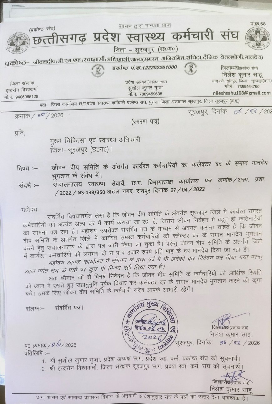 अस्पतालों में जिम्मेदारी बड़ी, जेब खाली: जेडीएस कर्मचारियों ने कम मानदेय पर जताई नाराजगी, सीएमएचओ को सौंपा स्मरण पत्र